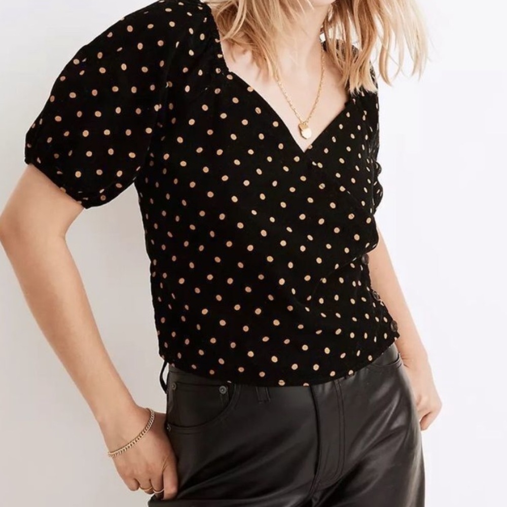 Madewell XS corduroy wrap top, black/ gold dot